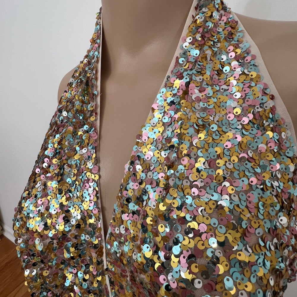 Marciano Limited Edition Shimmering Gold Sequin Halter Gown - Picture 3 of 9